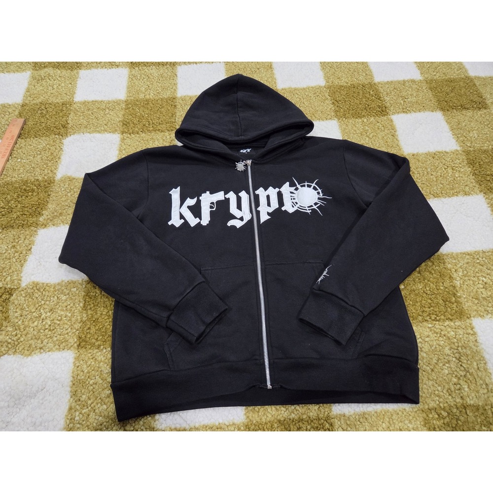 KRYPTIC Black Full Zip Hoodie White Puff Print Streetwear Spider Zipper Pull L